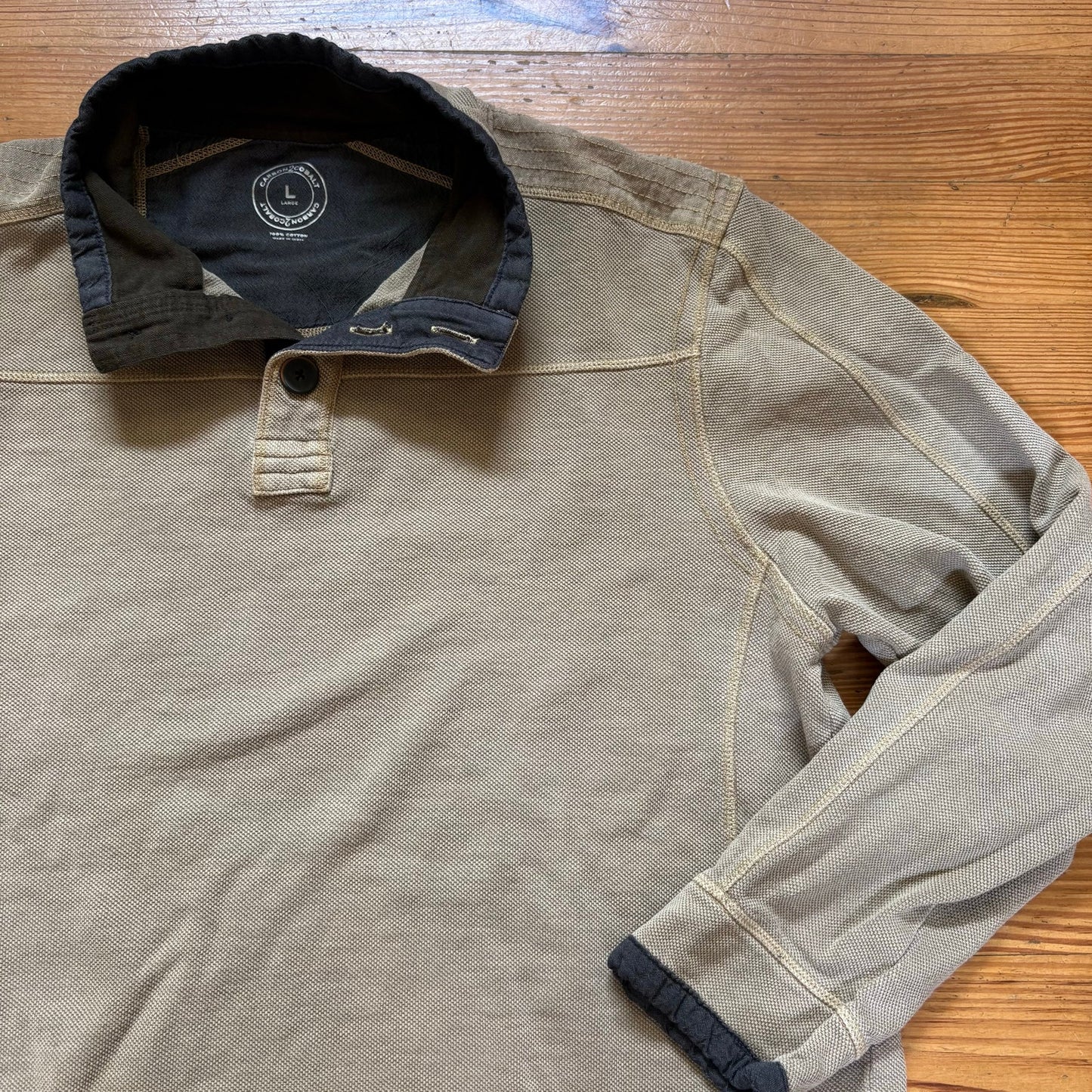 Carbon2Cobalt beige textured cotton henley pullover long sleeve shirt SIZE L