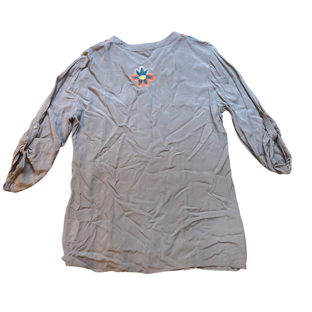 Solitaire light gray floral embroidered button adjustable sleeve blouse SIZE M
