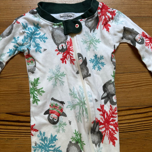 Burt's Bees white snowflake penguin long sleeve zipper footed pajamas SIZE 18M