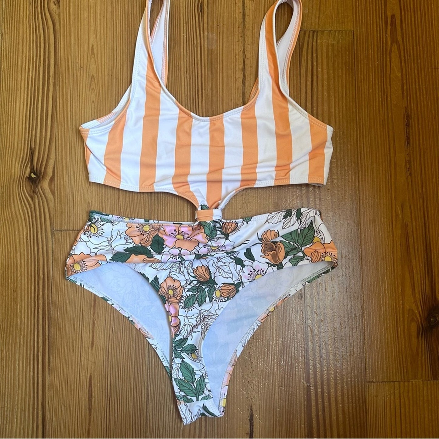 Shein striped orange floral cut out one piece SIZE S