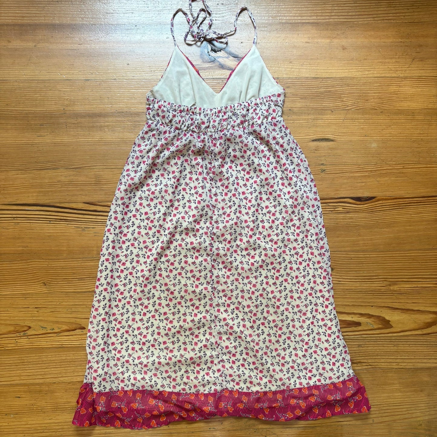 Old Navy 90s pink purple floral tassel halter knee midi dress SIZE M