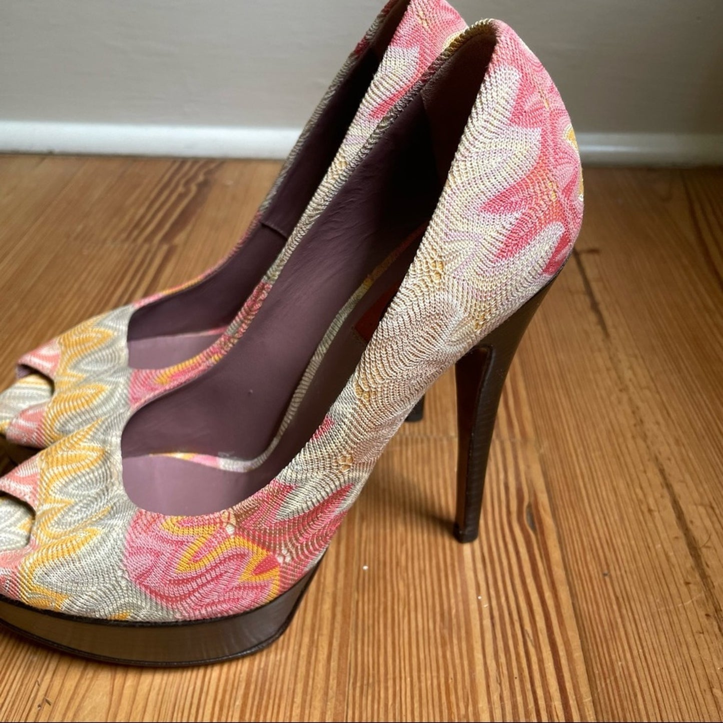 Missoni multicolor knit textile peep toe heeled platform pumps SIZE 38