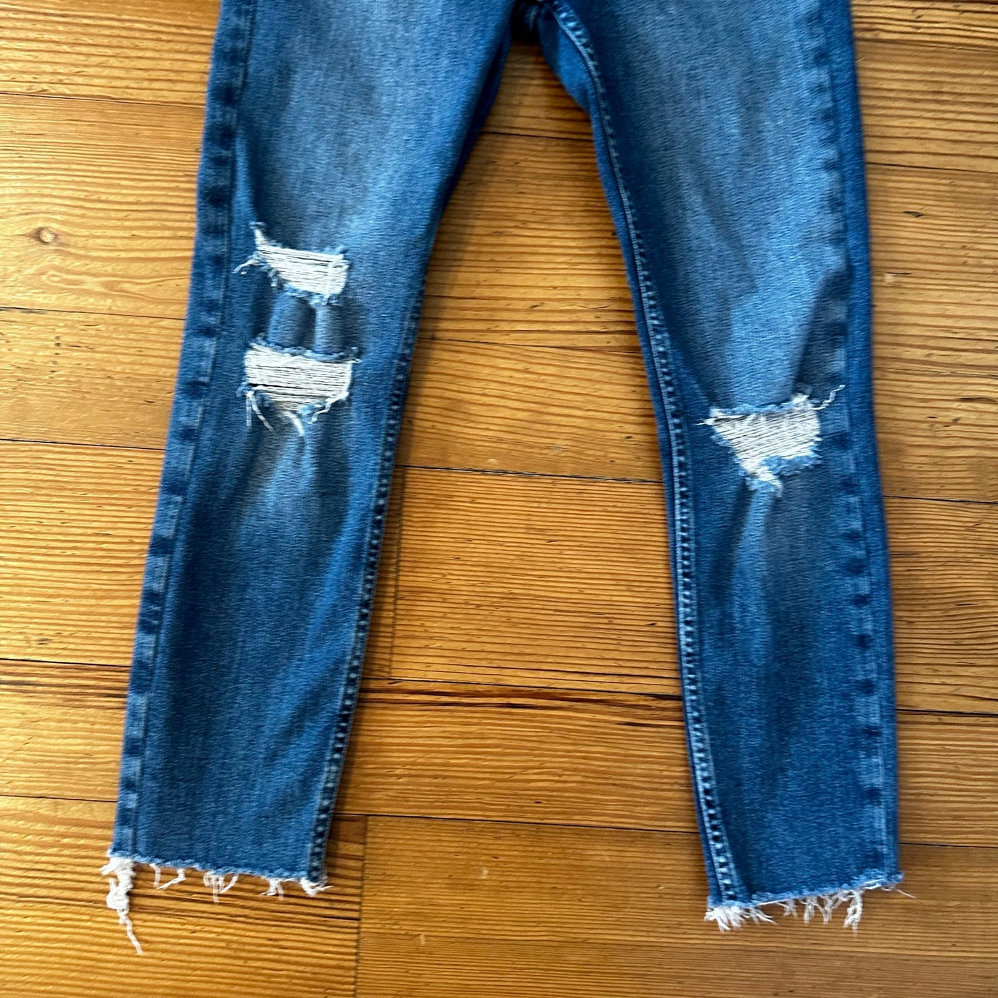 Free People medium wash distressed high rise button fly skinny jeans SIZE 27