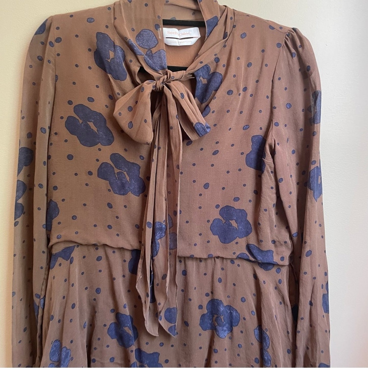 See by Chloe brown navy floral print tie neckline dress SIZE 36, 2-4