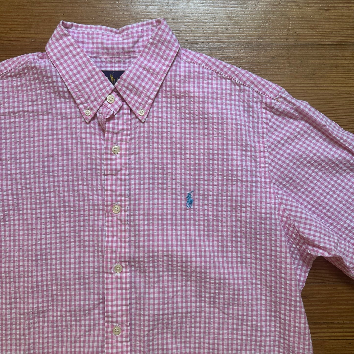 Ralph Lauren pink white check seersucker short sleeve button up shirt SIZE L