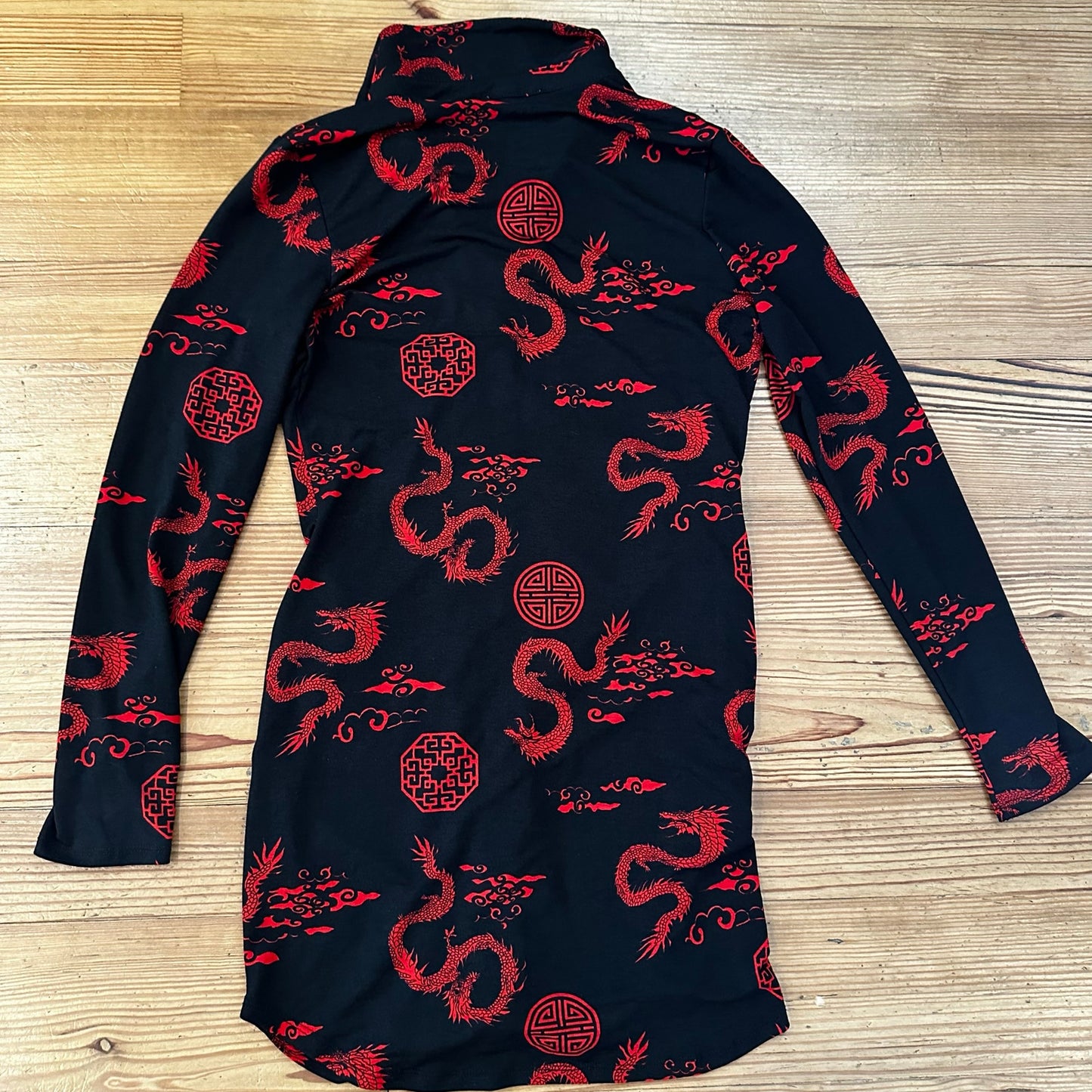 Timing black red Asian print long sleeve button down ruched dress SIZE L