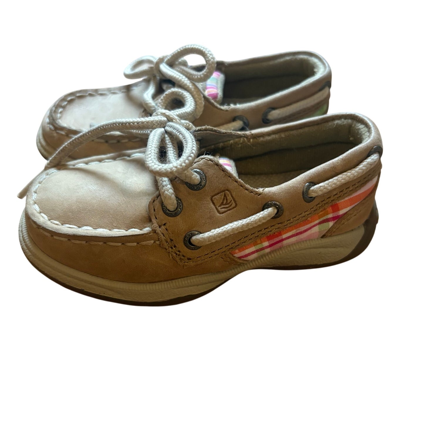 Sperry Top Sider tan leather pink plaid baby boat shoes SIZE 6.5