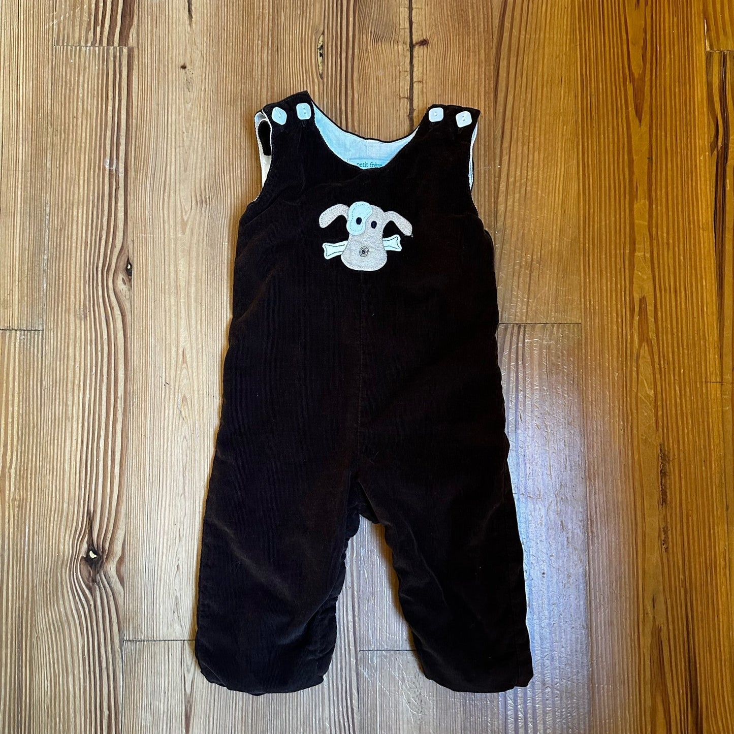 Petit Frere brown corduroy dog applique pant overalls SIZE 6M
