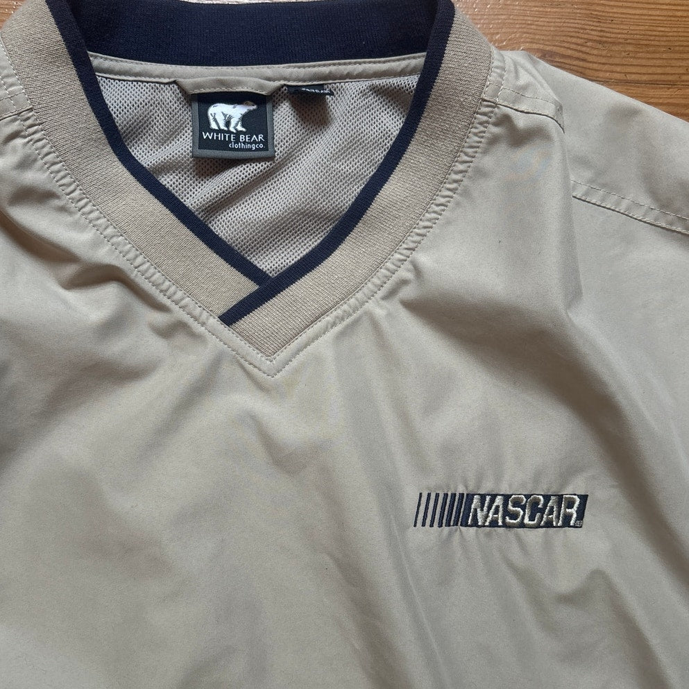 White Bear Clothing Nascar beige blue trim polyester pullover windbreaker SIZE L