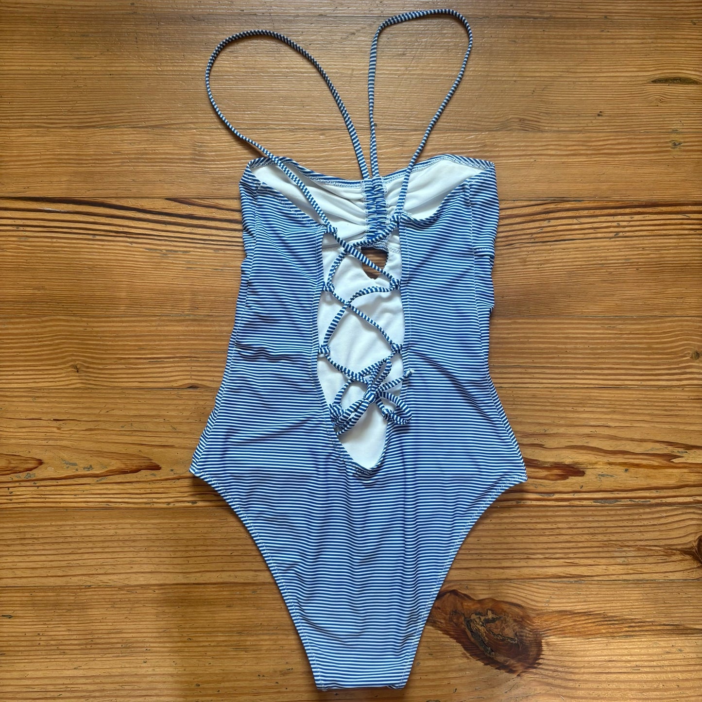 Cupshe blue white striped lace back cheeky one piece swimsuit SIZE S