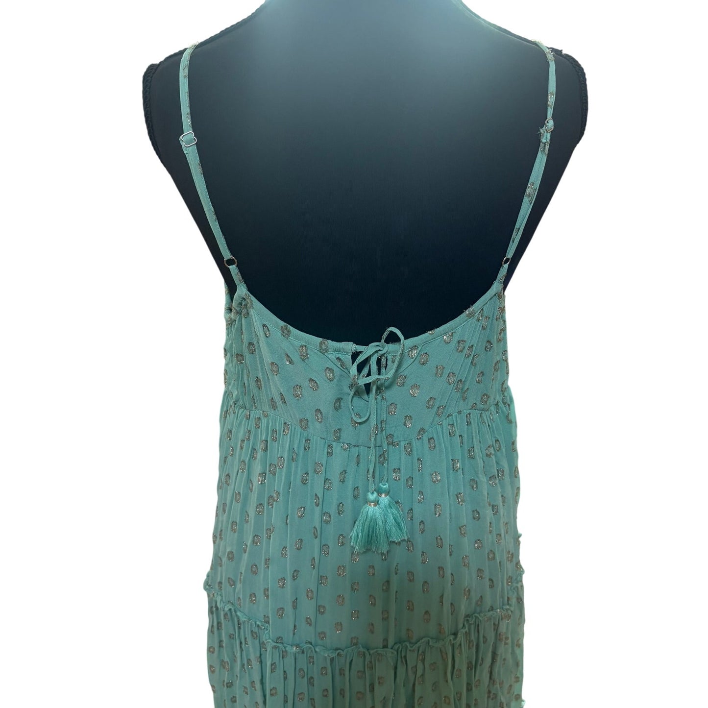 En Creme mint green gold polka dot plunge neckline maxi dress SIZE M
