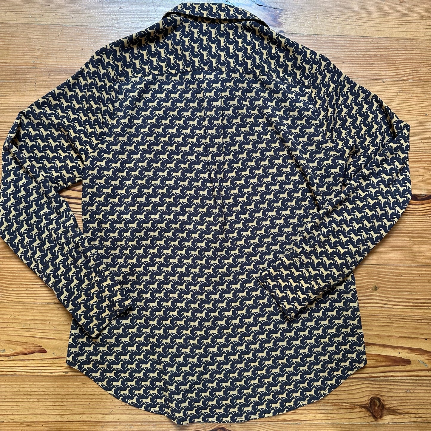 Julie Brown black with cream horse pattern, long sleeve button up shirt SIZE 6