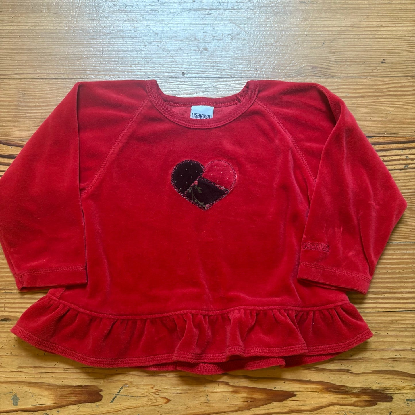 OshKosh B'gosh red velvet heart Valentine long sleeve peplum baby top SIZE 24M