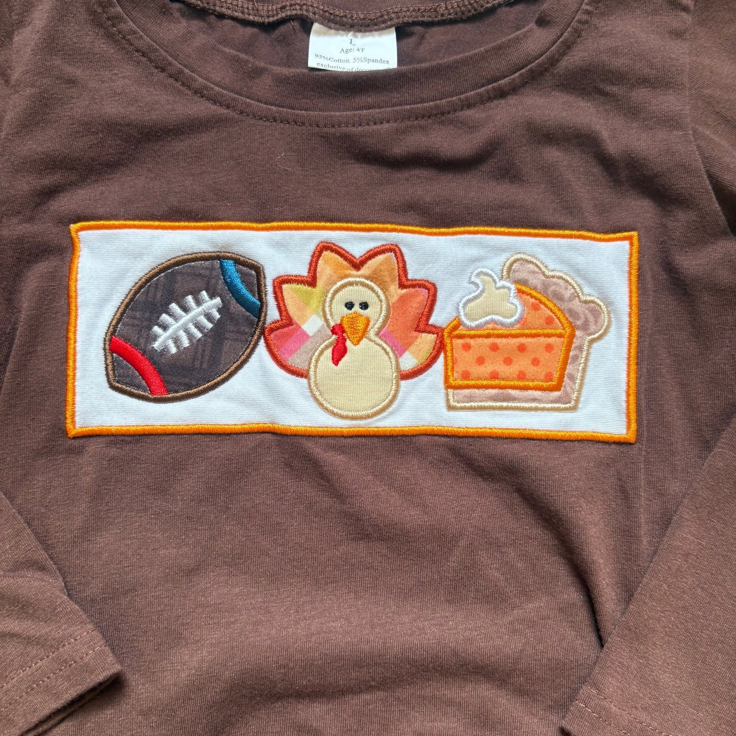 Thanksgiving brown football turkey pie embroidered long sleeve shirt SIZE 4T