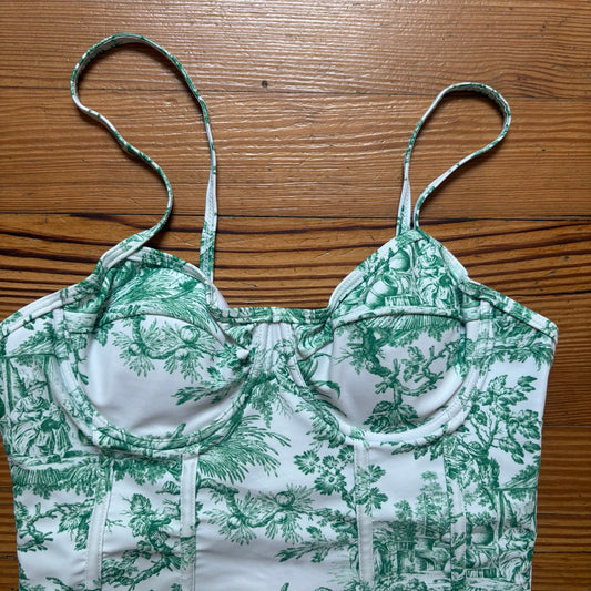 Shein white green French Toile print bustier one piece swimsuit SIZE M