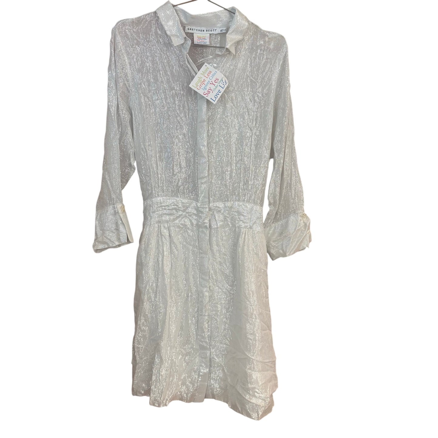 NWT Gretchen Scott silver metallic sheer long sleeve button up SIZE XL