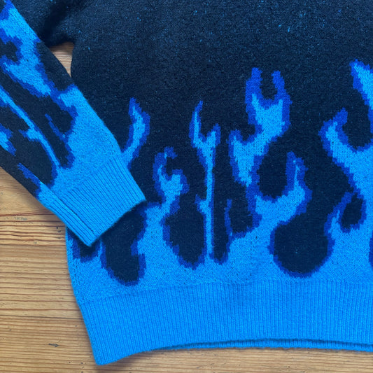 Shein black with blue flame crew goth pullover sweater SIZE M
