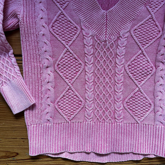 Aerie pink cable knit deep v pullover sweater SIZE XS