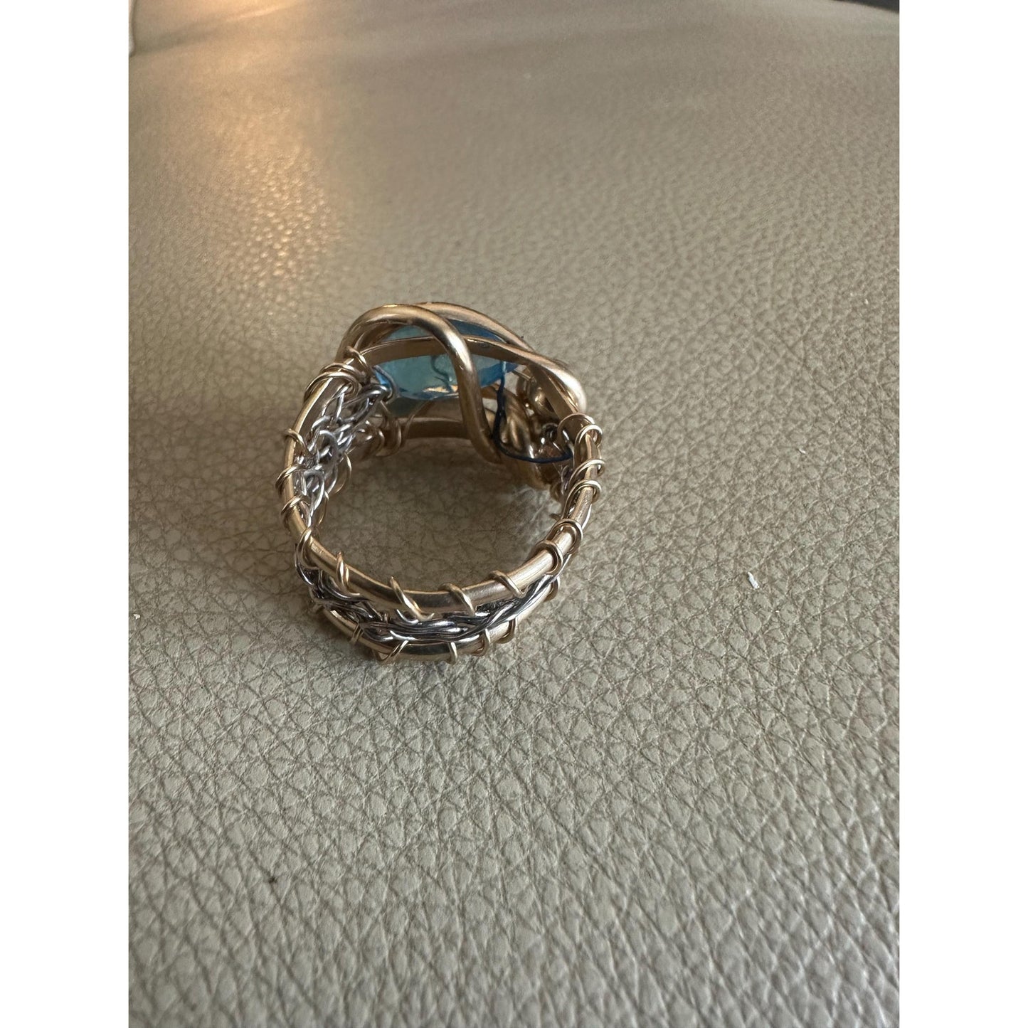 14k Gold Fill Wire Ring with Blue Agate stone and Crochet Band made of Fine Silver Size 8