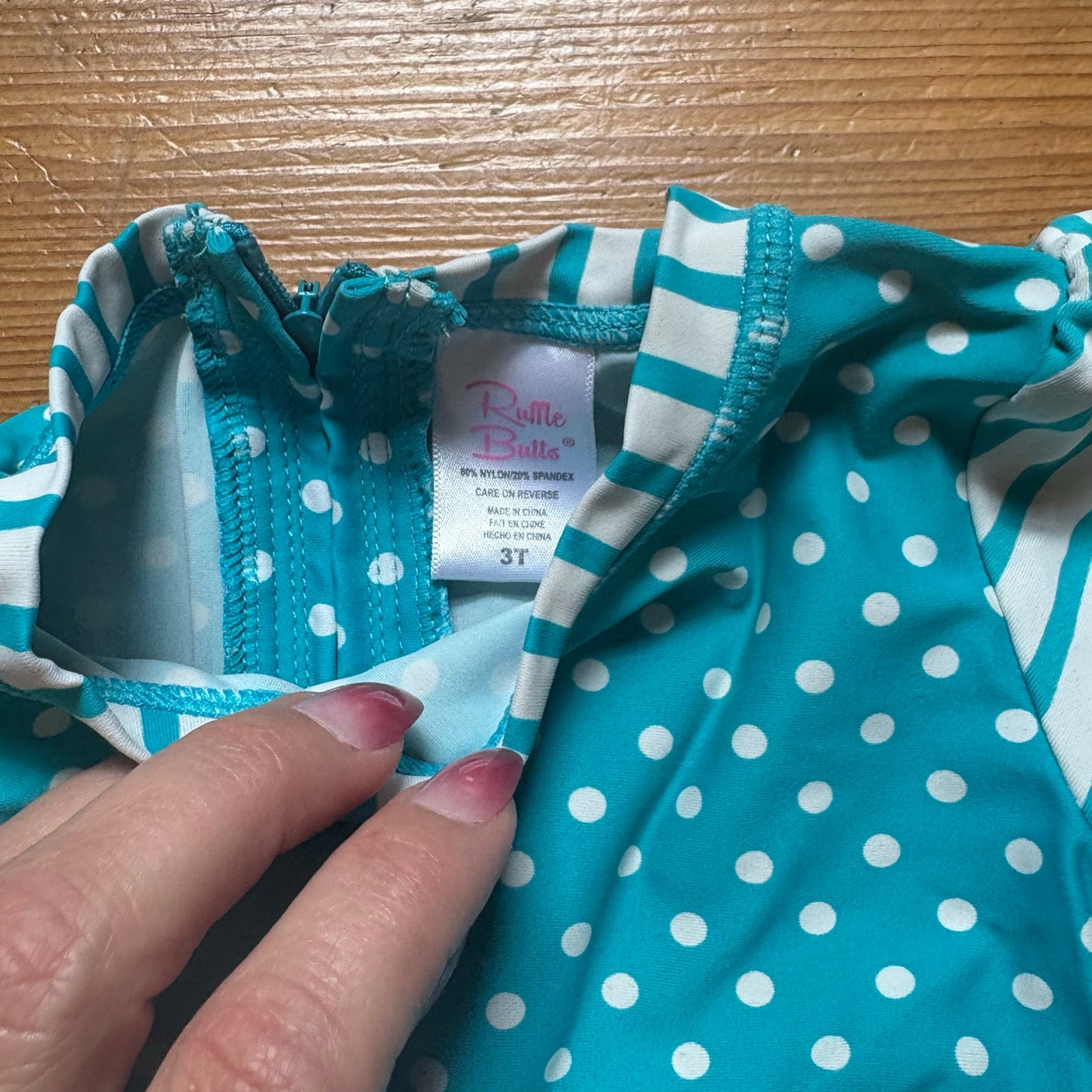 Ruffle Butts blue white polka dot striped long sleeve rashguard swimsuit SIZE 3T