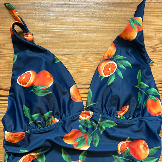 Old Navy navy orange fruit tie shoulder ruched plunge one piece swimsuit SIZE XL