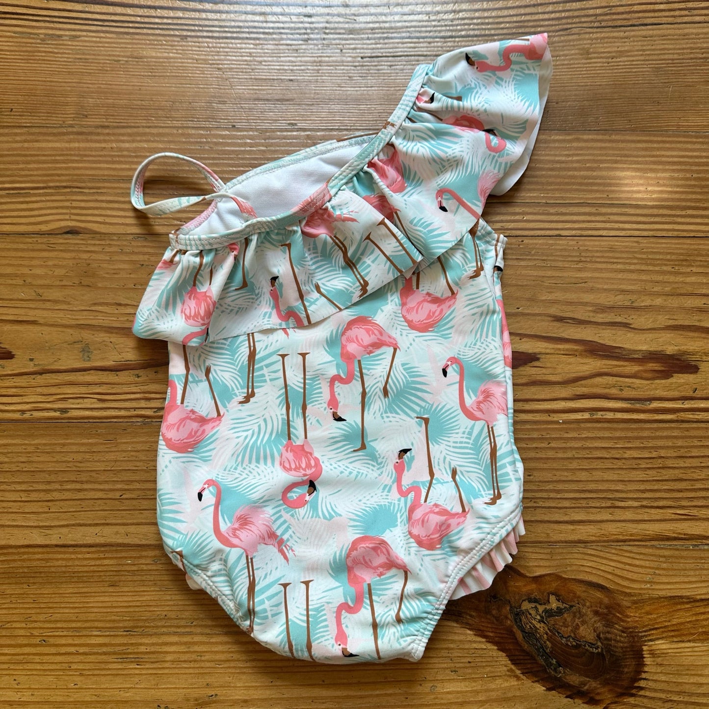 Ruffle Butts pink green flamingo ruffle one shoulder one piece swimsuit SIZE 2T