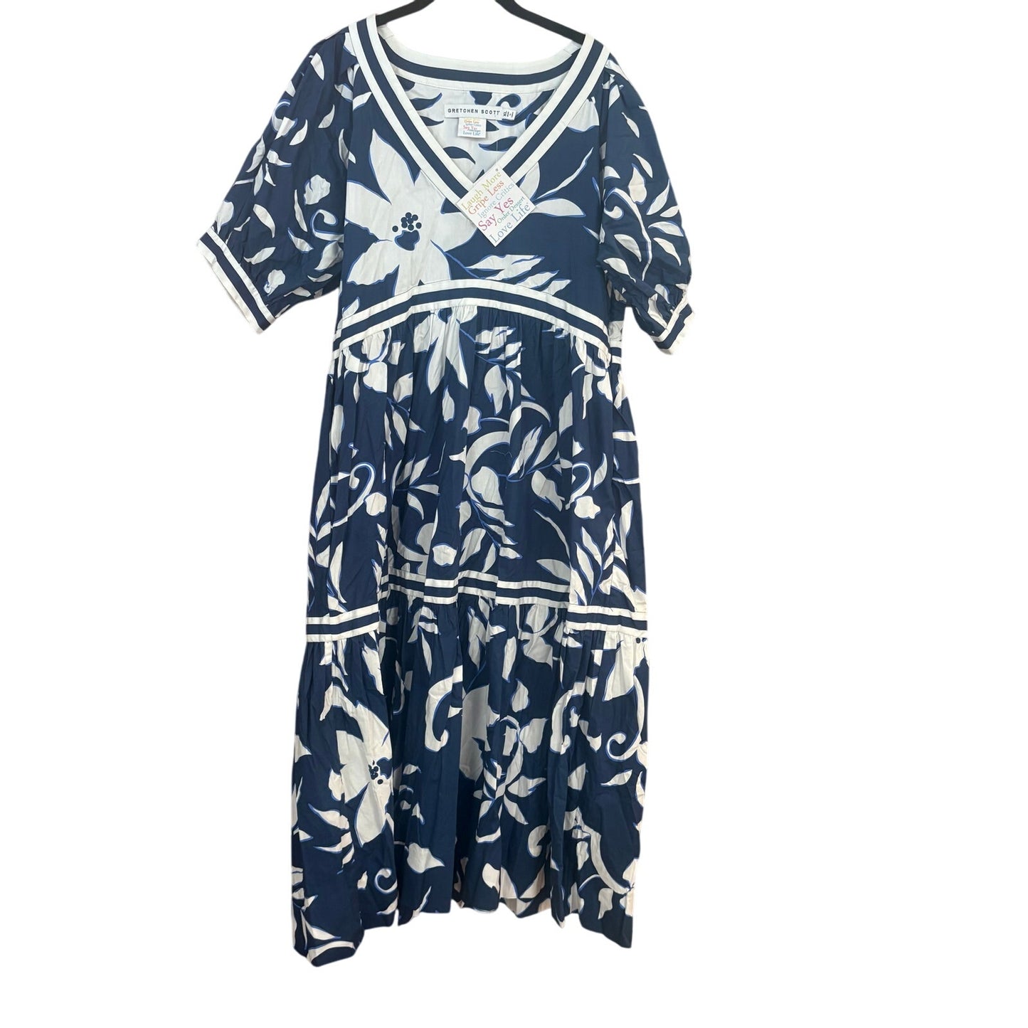 NWT Gretchen Scott Viviers blue white floral puff sleeve midi dress SIZE XL