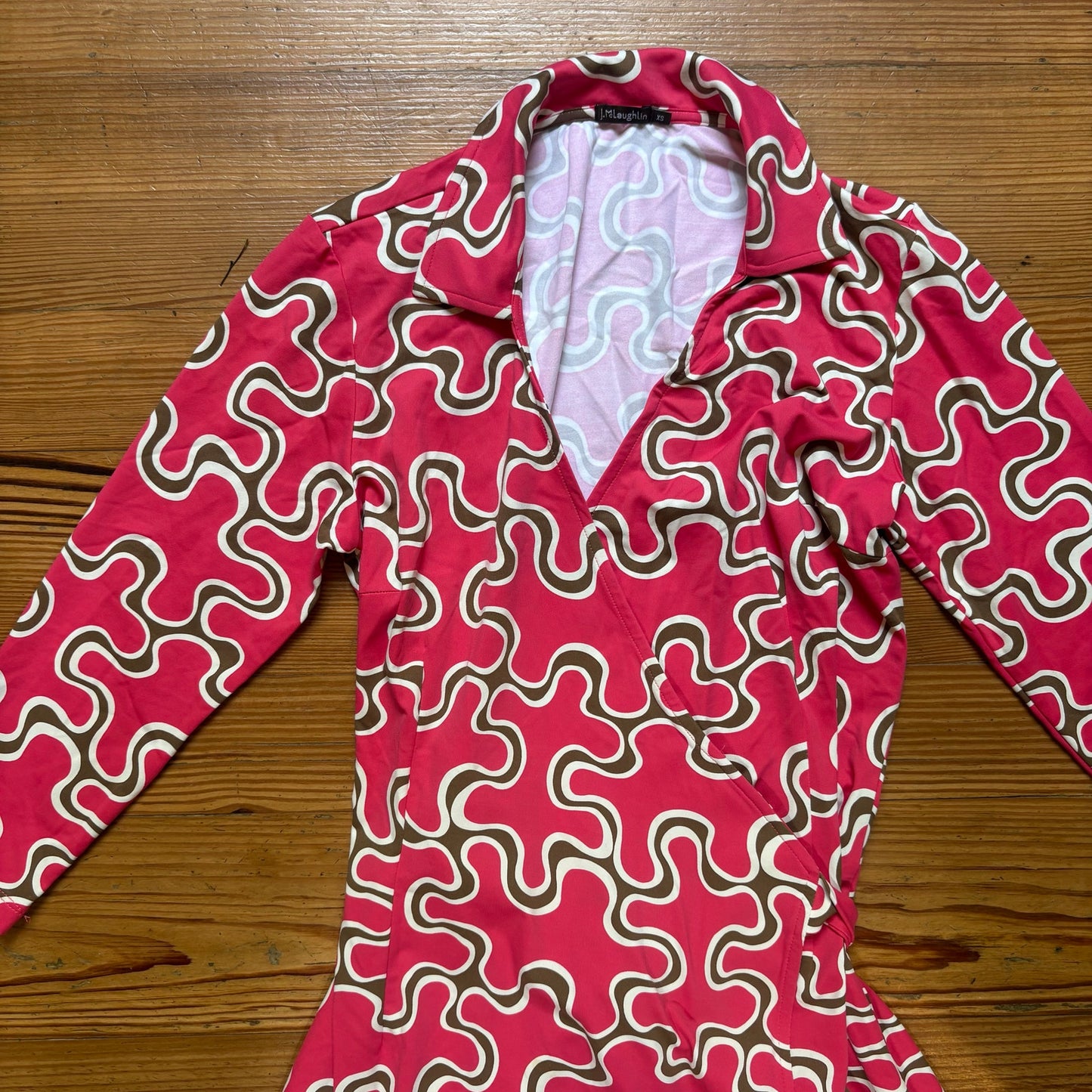 J. McLaughlin pink brown wave collar long sleeve wrap dress SIZE XS