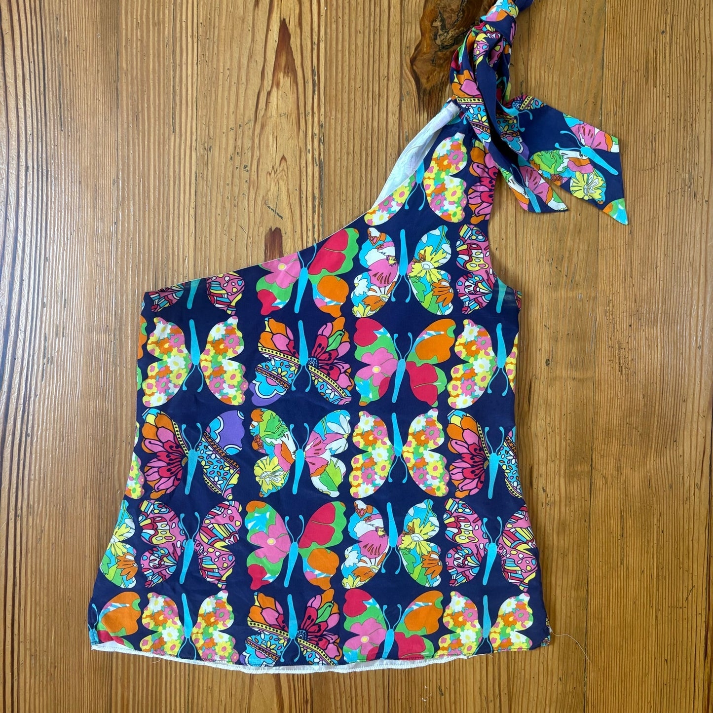 Lilly Pulitzer silk blue colorful butterflies one shoulder tie blouse SIZE 0
