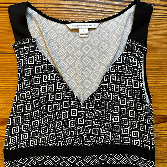 Diane von Furstenberg black geometric white sleeveless silk dress SIZE 8