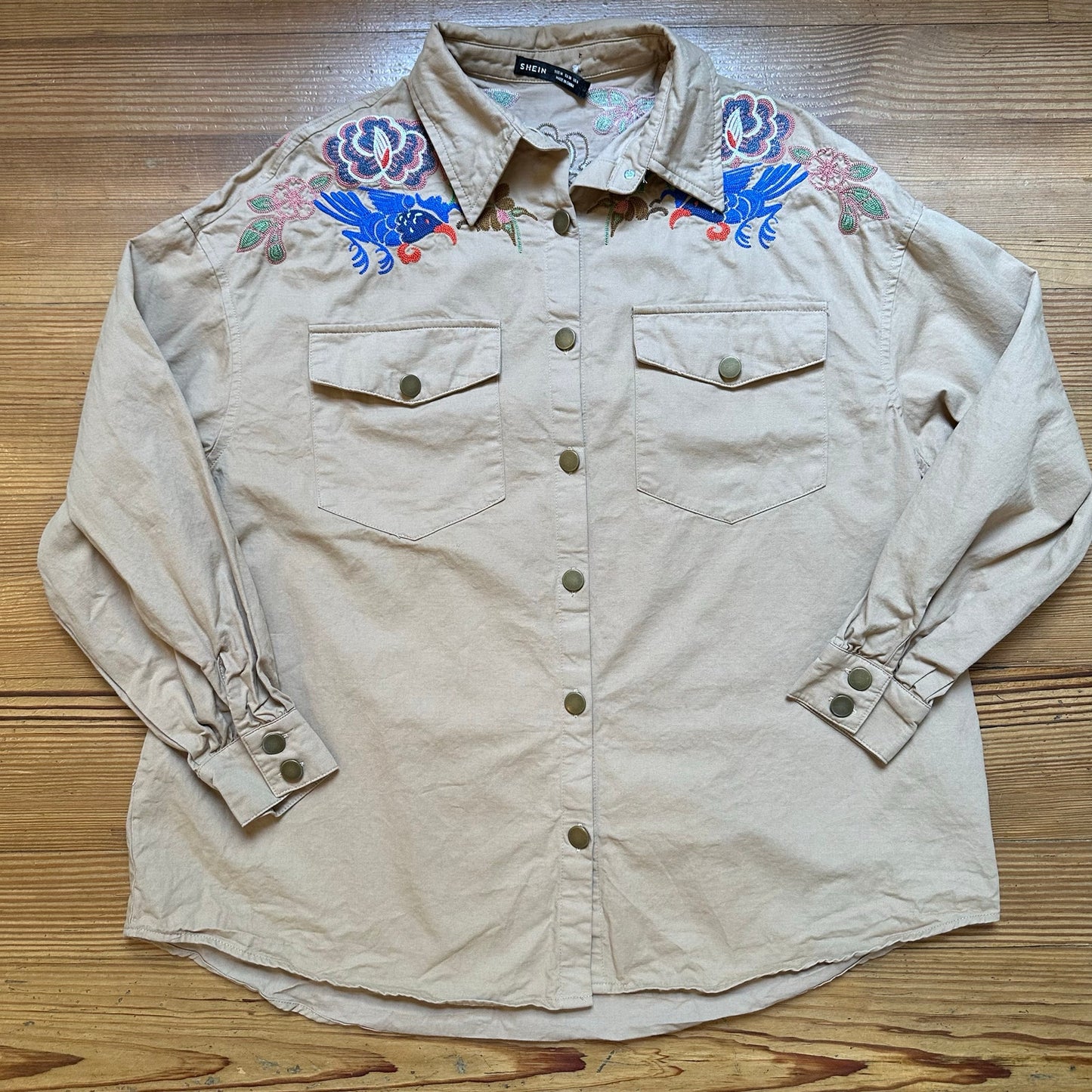 Shein beige floral embroidered long sleeve button up shirt SIZE M