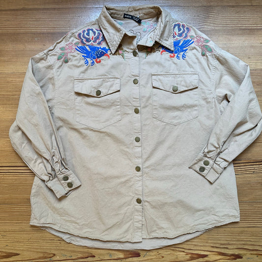 Shein beige floral embroidered long sleeve button up shirt SIZE M