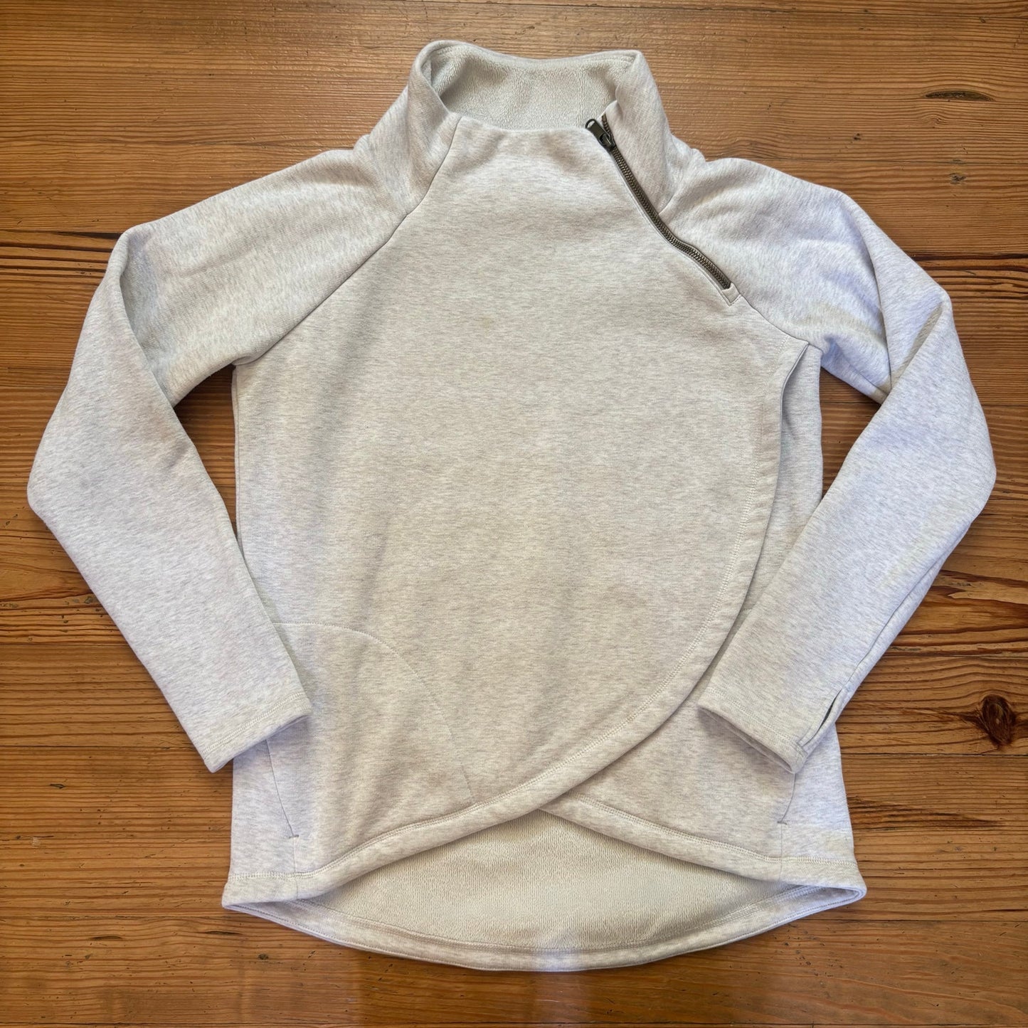 Athleta light gray asymmetrical zipper mock neck crisscross sweater SIZE S