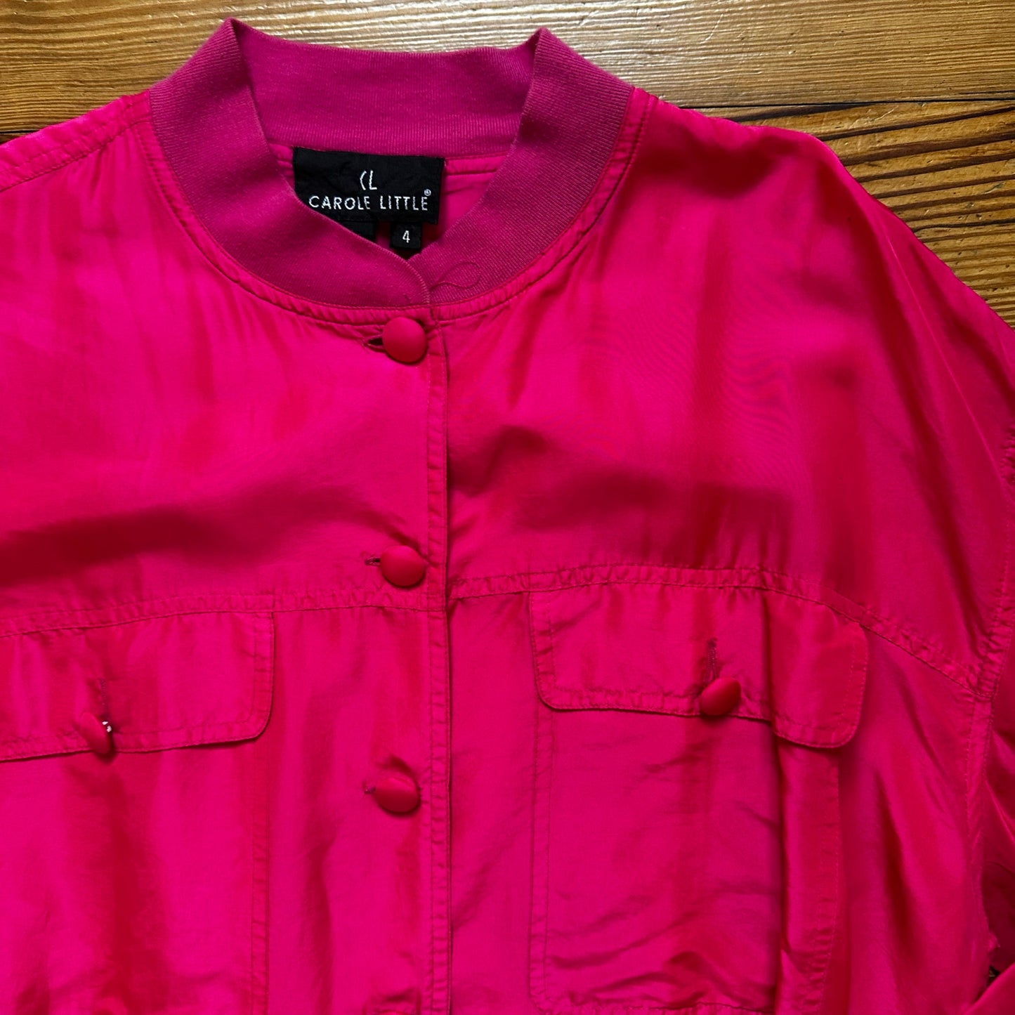 Carole Little pink 100% silk button up bomber jacket SIZE 4