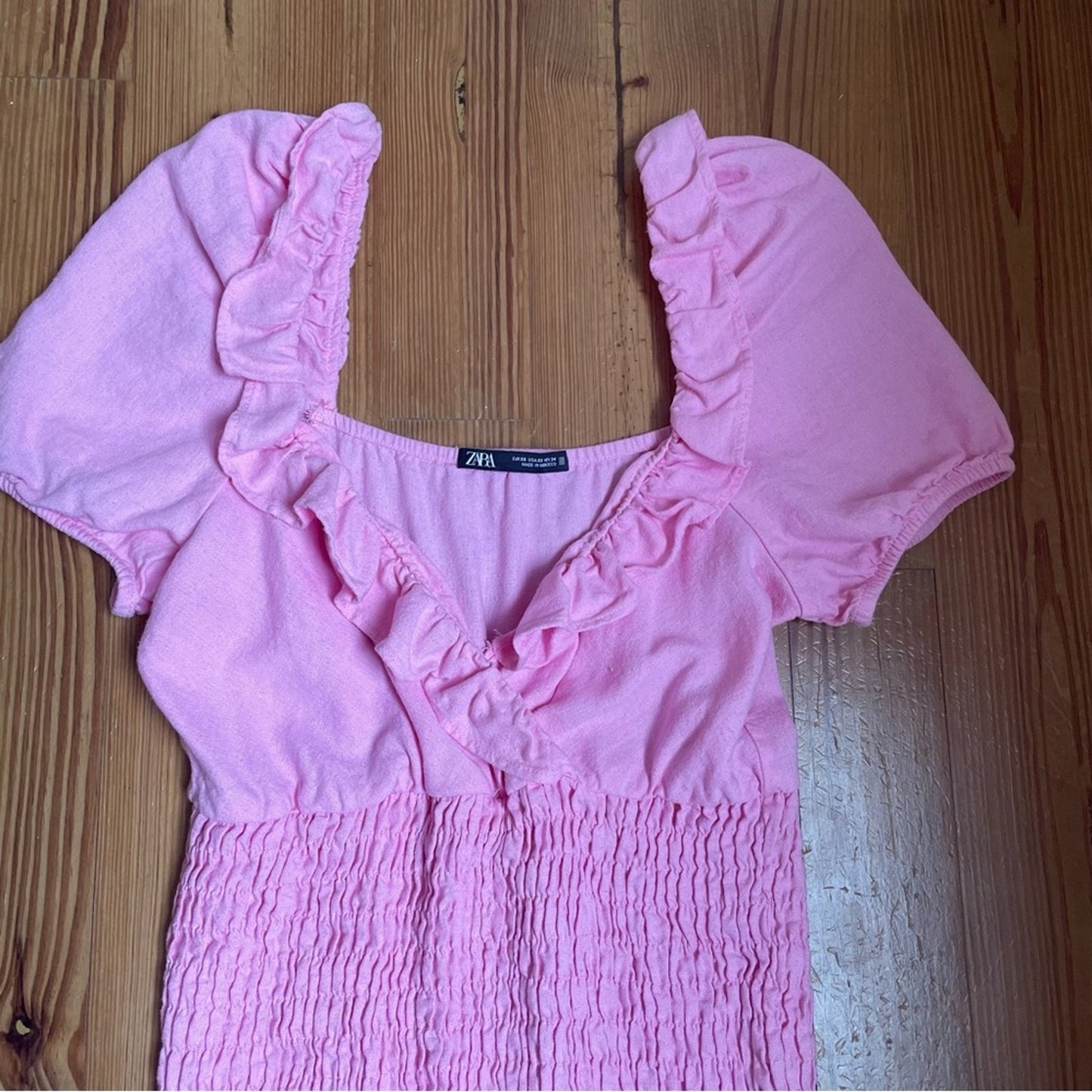 Zara pink linen blend smocked ruffle sleeve midi dress SIZE XS