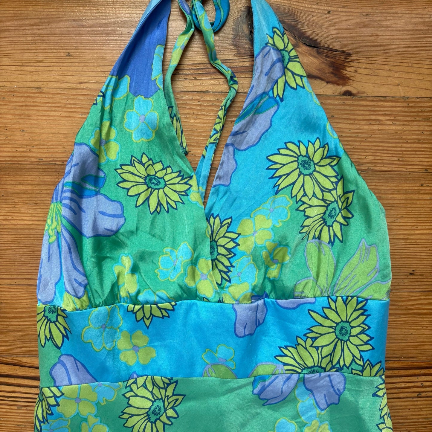 Jones New York y2k green blue floral halter silk midi dress SIZE 14