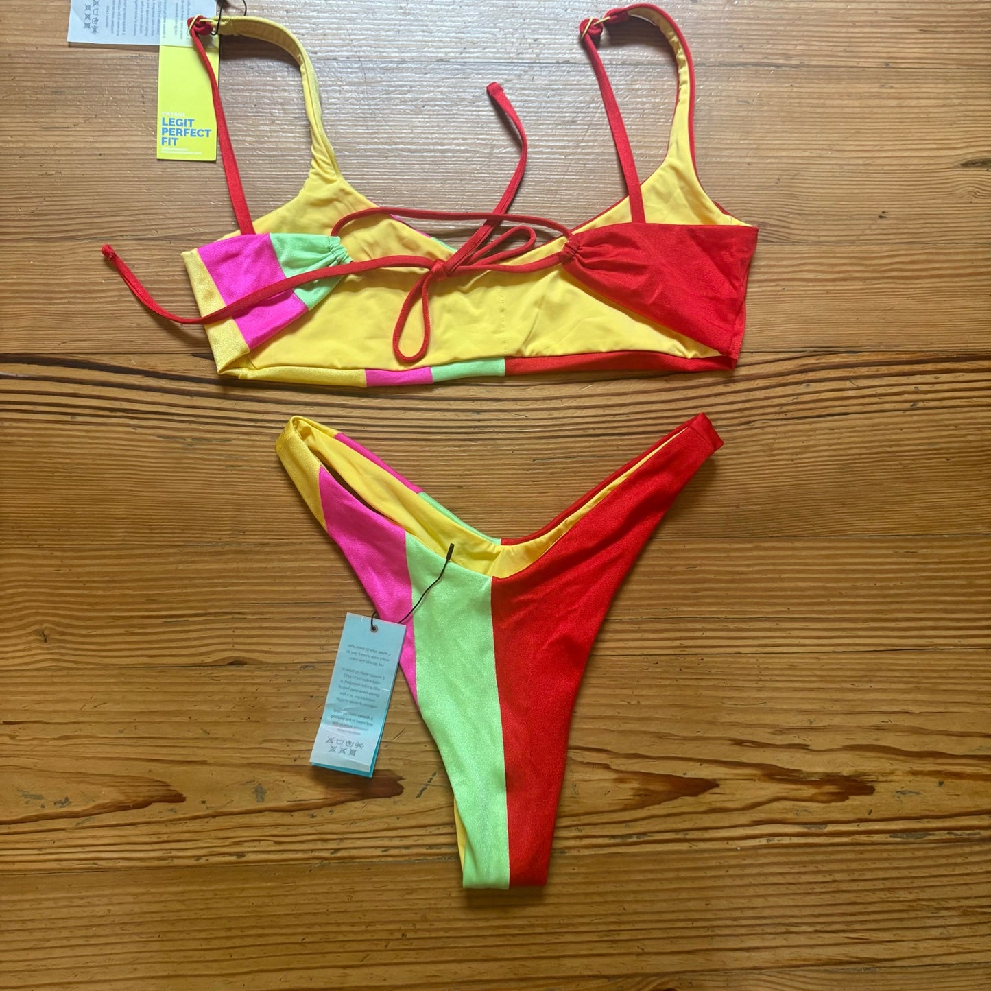NWT One One red yellow green striped adjustable thong bikini swimsuit SIZE M