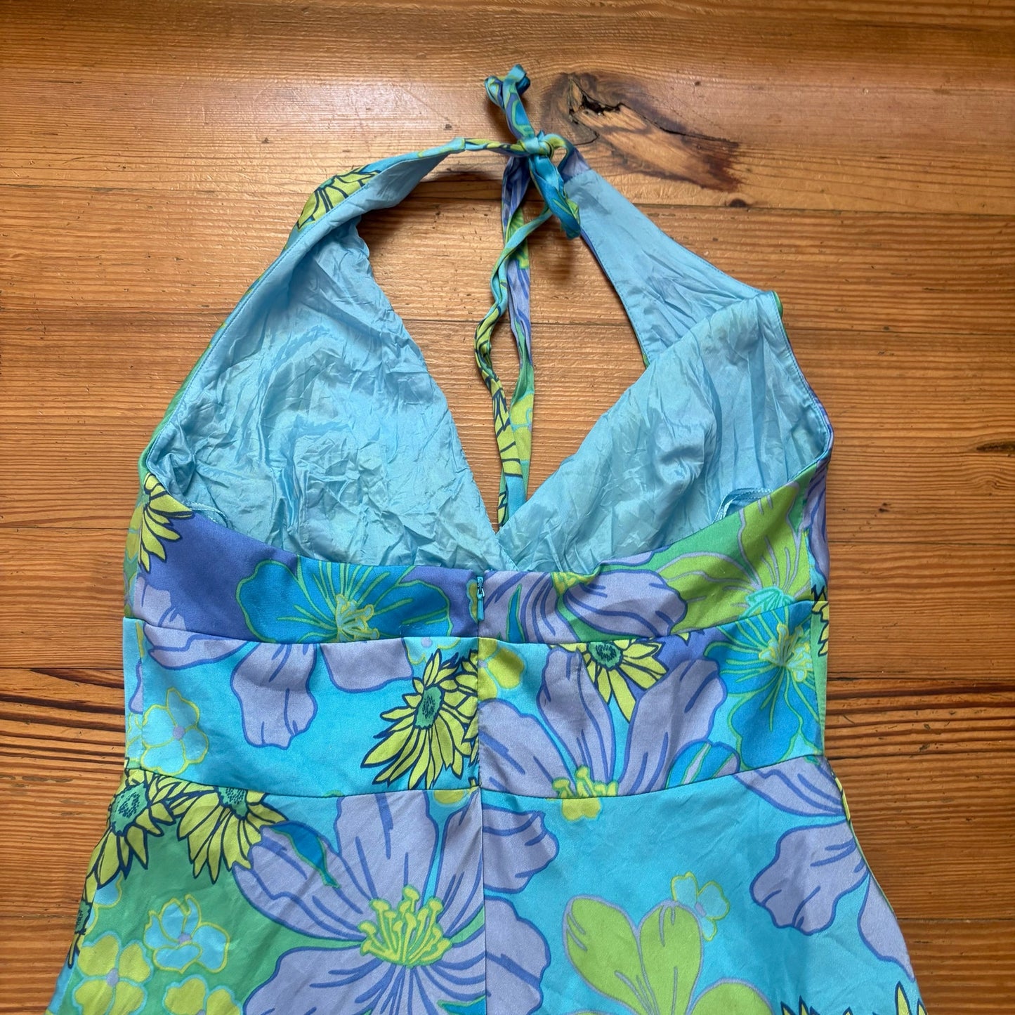 Jones New York y2k green blue floral halter silk midi dress SIZE 14