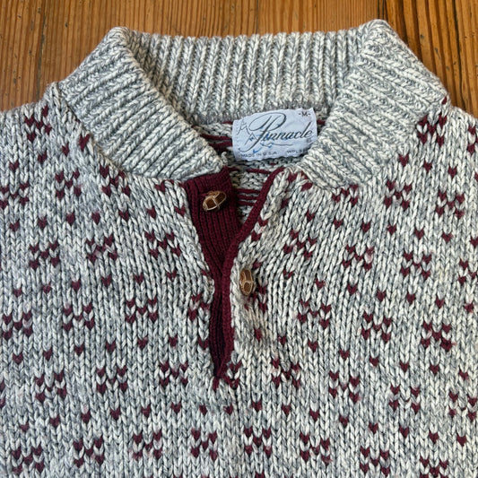 Pinnacle gray red pattern knit henley pullover grandpa sweater SIZE M
