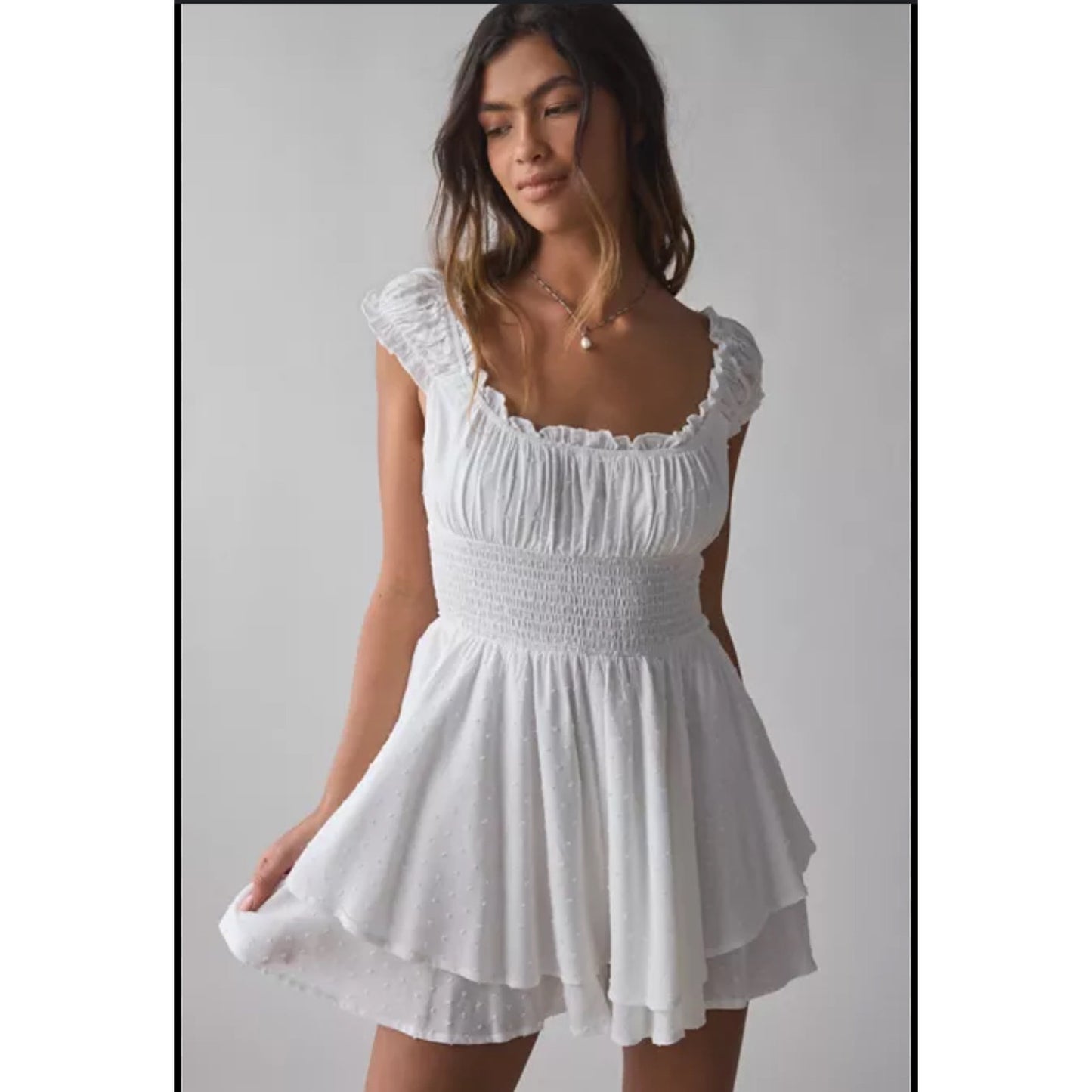Urban Outfitters white tiered ruffle ruched waist romper SIZE S