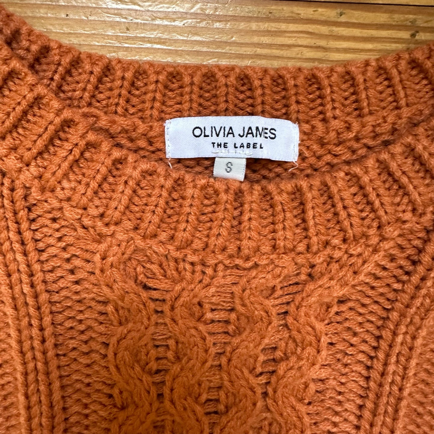 Olivia James The Label burnt orange cable knit pom pom crew sweater SIZE S