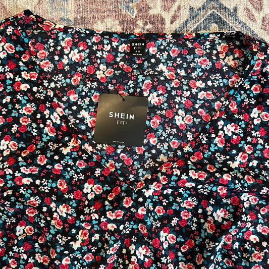 NWT Shein black red floral long sleeve fit flare dress SIZE 22