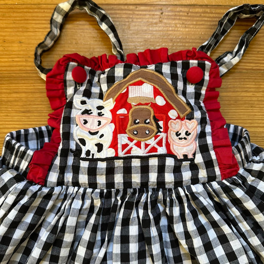 Lil Cactus black white checkered red farm animal embroidered dress SIZE 4T