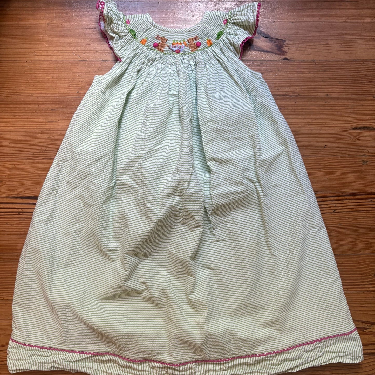 Vive La Fete green white striped seersucker bunny garden smocked dress SIZE 7