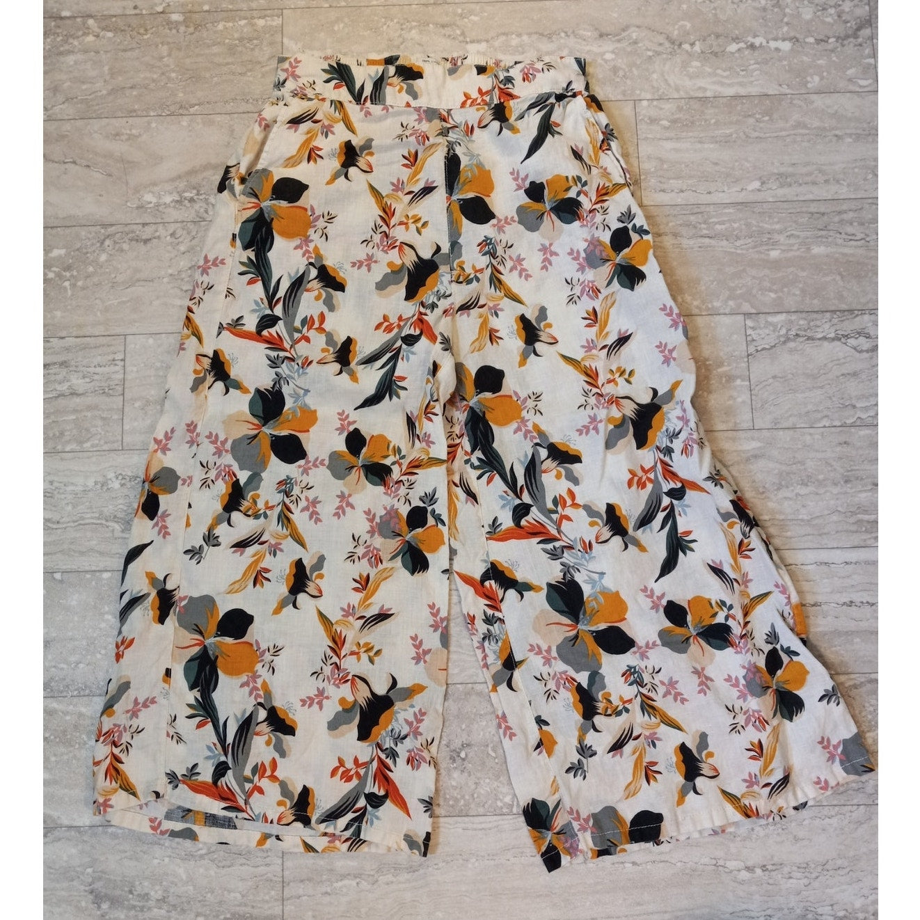 Rachel Zoe floral wide leg cropped linen pull on elastic waist pants SIZE M