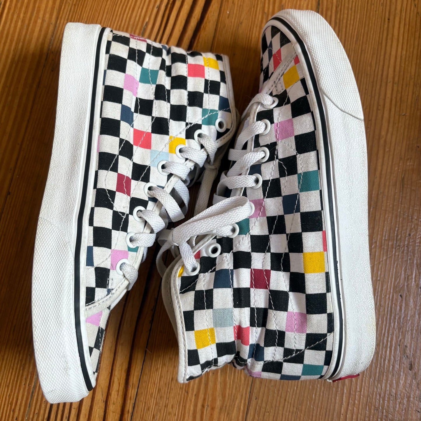VANS black white checkered colorful high top unisex sneakers SIZE M5.5 W7
