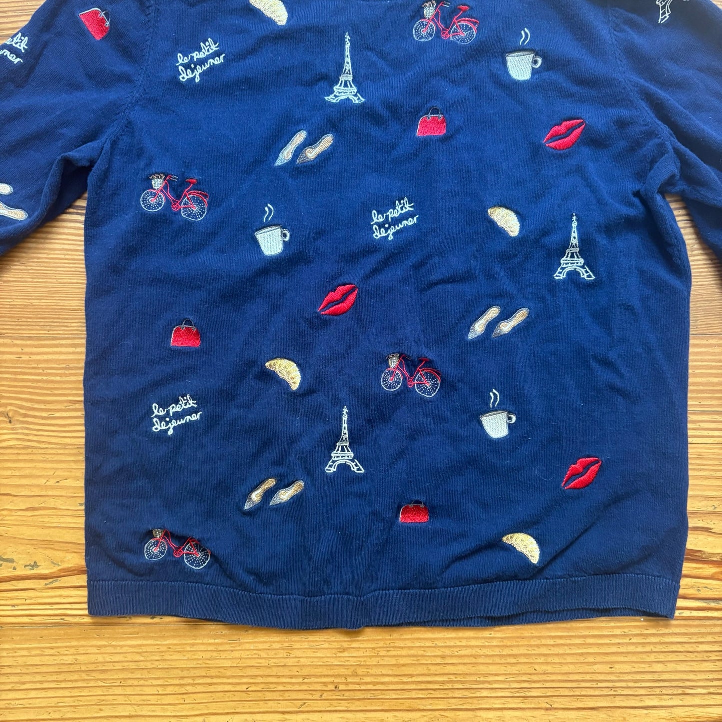 Talbots Paris dark navy blue embroidered crew lightweight sweater SIZE M