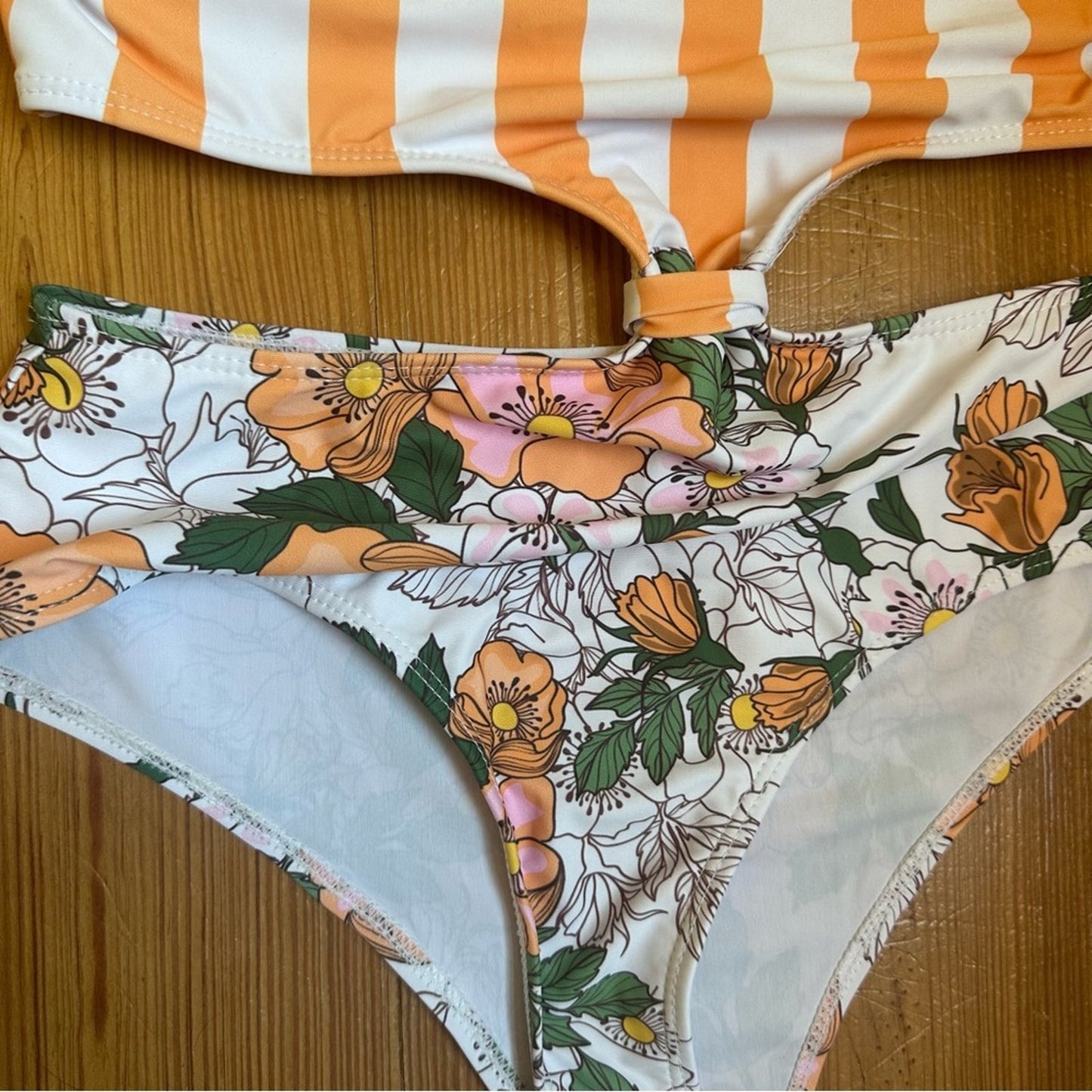 Shein striped orange floral cut out one piece SIZE S