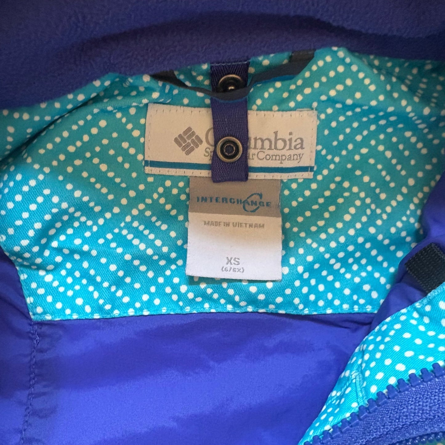 Columbia light blue white dotted full zip hooded girls coat SIZE XS