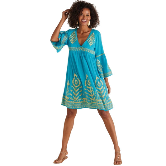 NWT Soft Surroundings Zaneta turquoise blue gold embroidered dress SIZE L